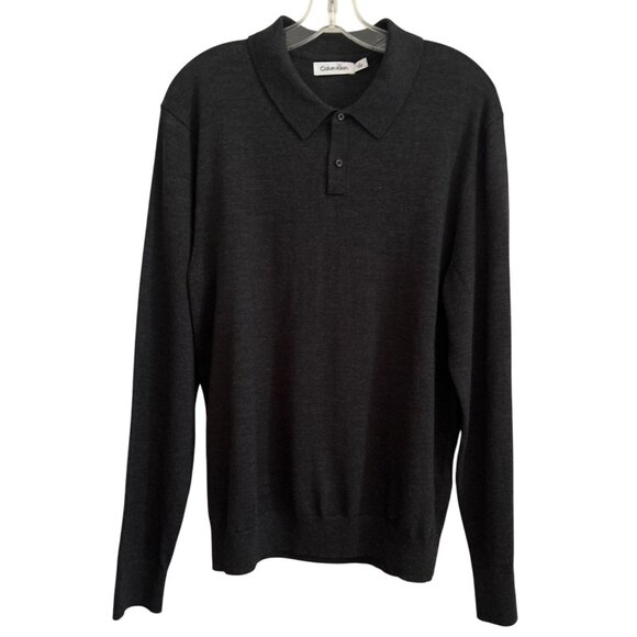 Calvin Klein Mens Extra-Fine Merino Wool Blend Polo Sweater Med Charcoal Gray - Picture 1 of 8